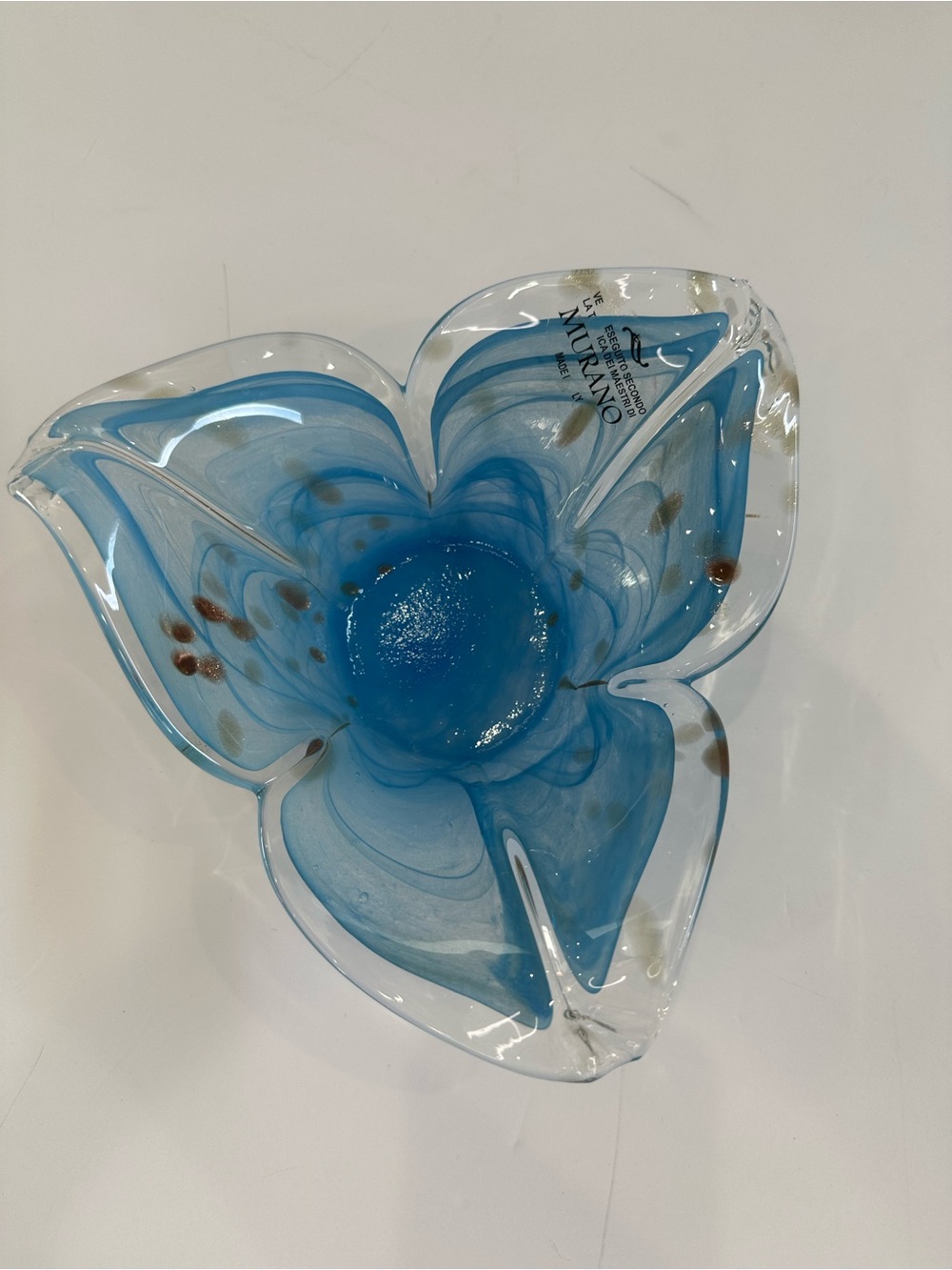 Murano Blue Swirl Art Glass Bowl with Amber Accents